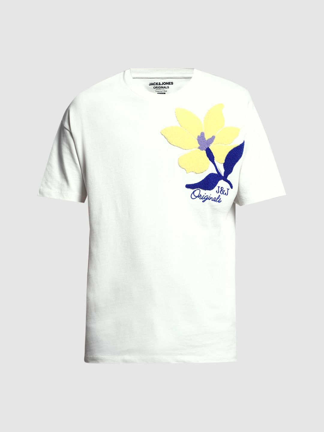 White Embroidered Print Cotton T-Shirt