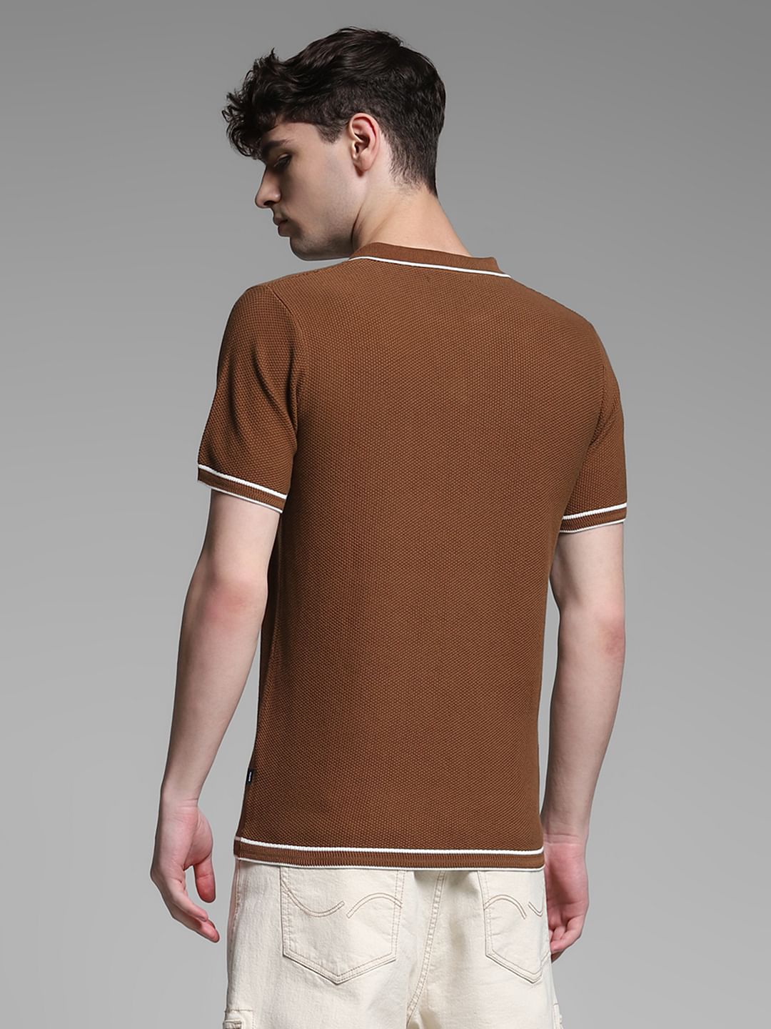 Brown Flat Knit Contrast Tipping Polo