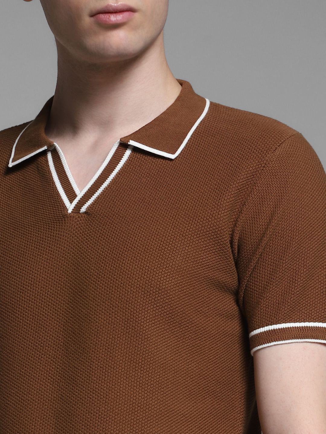Brown Flat Knit Contrast Tipping Polo