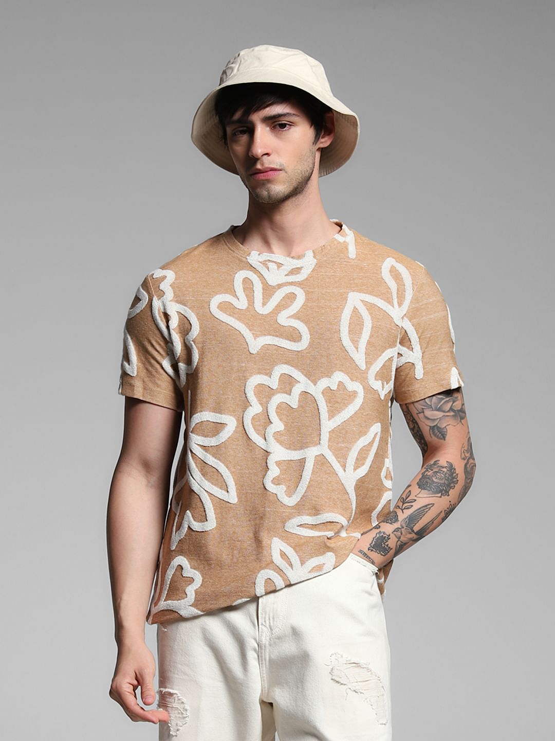 Brown Jacquard Printed Cotton T-shirt
