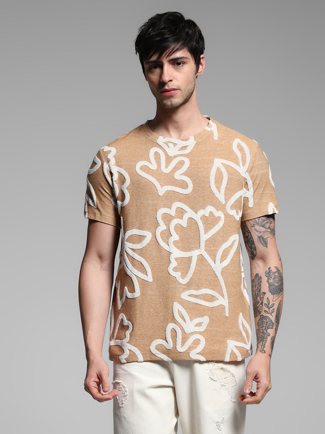 Brown Jacquard Printed Cotton T-shirt