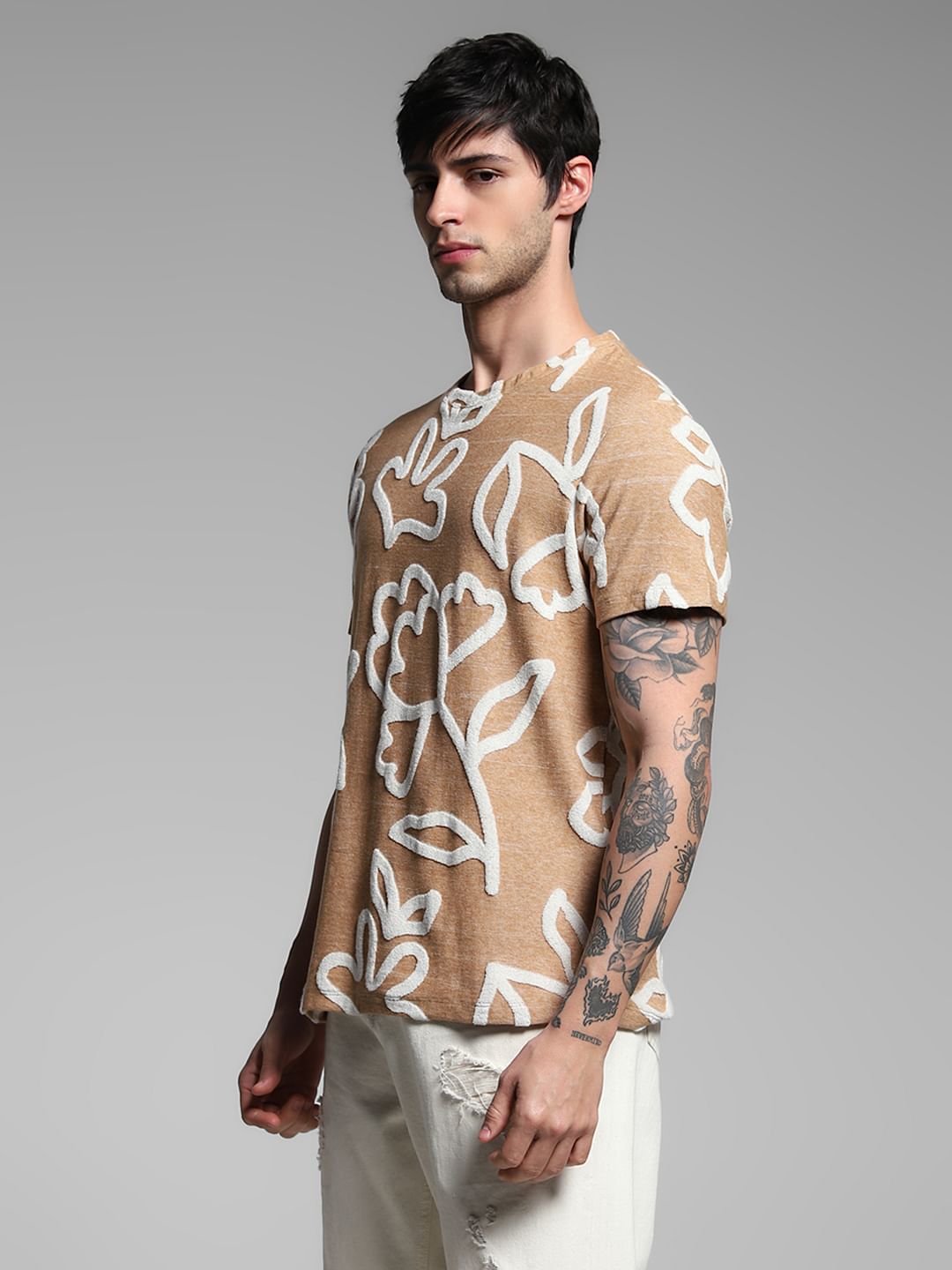 Brown Jacquard Printed Cotton T-shirt