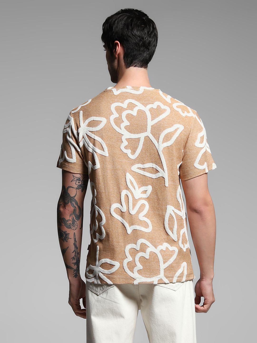 Brown Jacquard Printed Cotton T-shirt