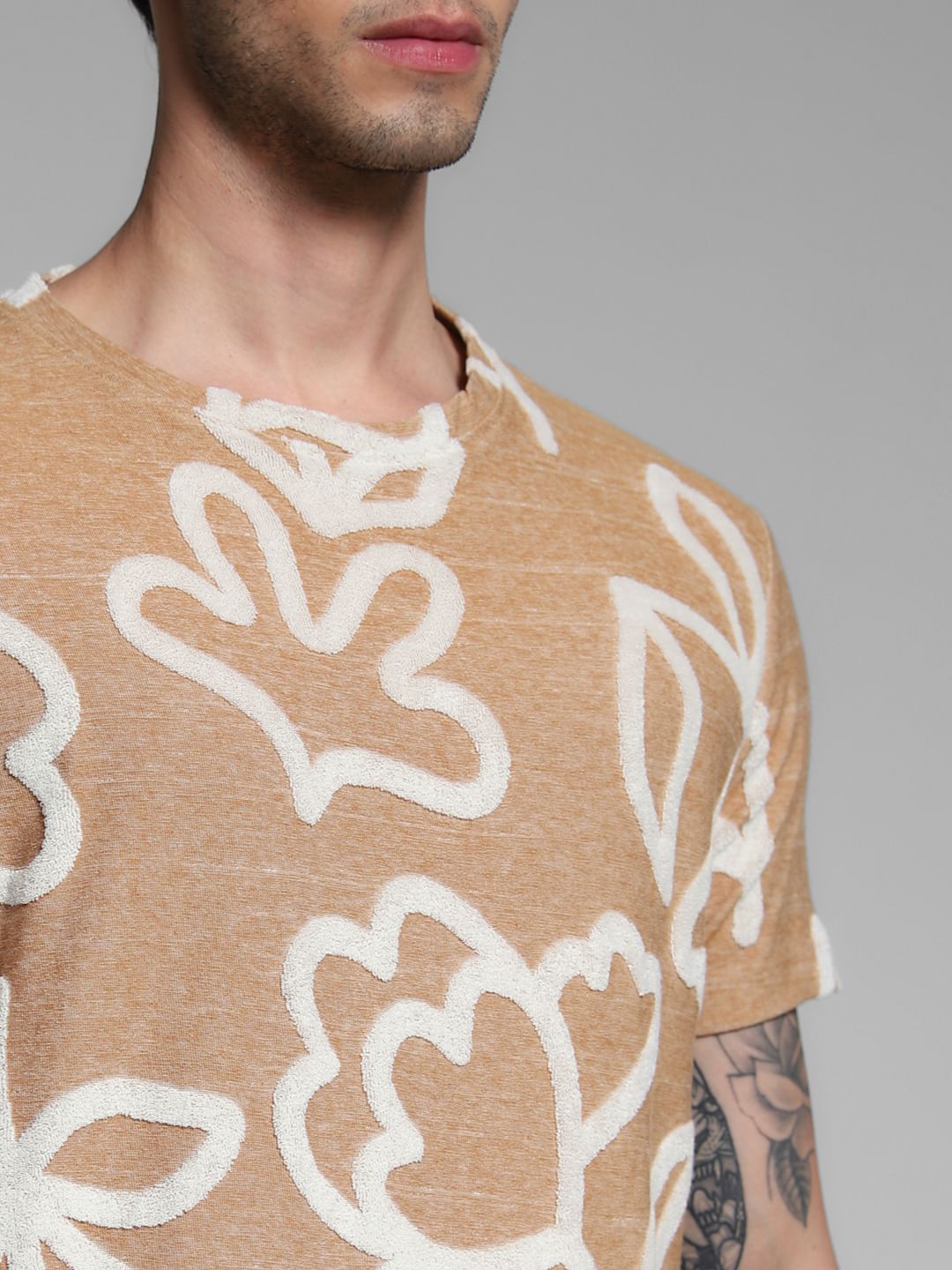 Brown Jacquard Printed Cotton T-shirt