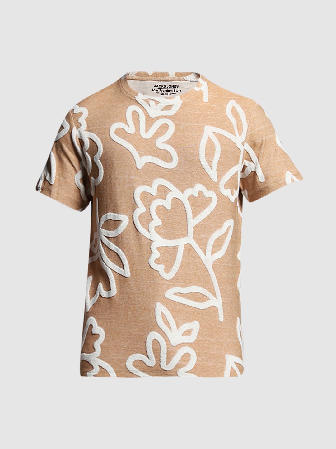 Brown Jacquard Printed Cotton T-shirt