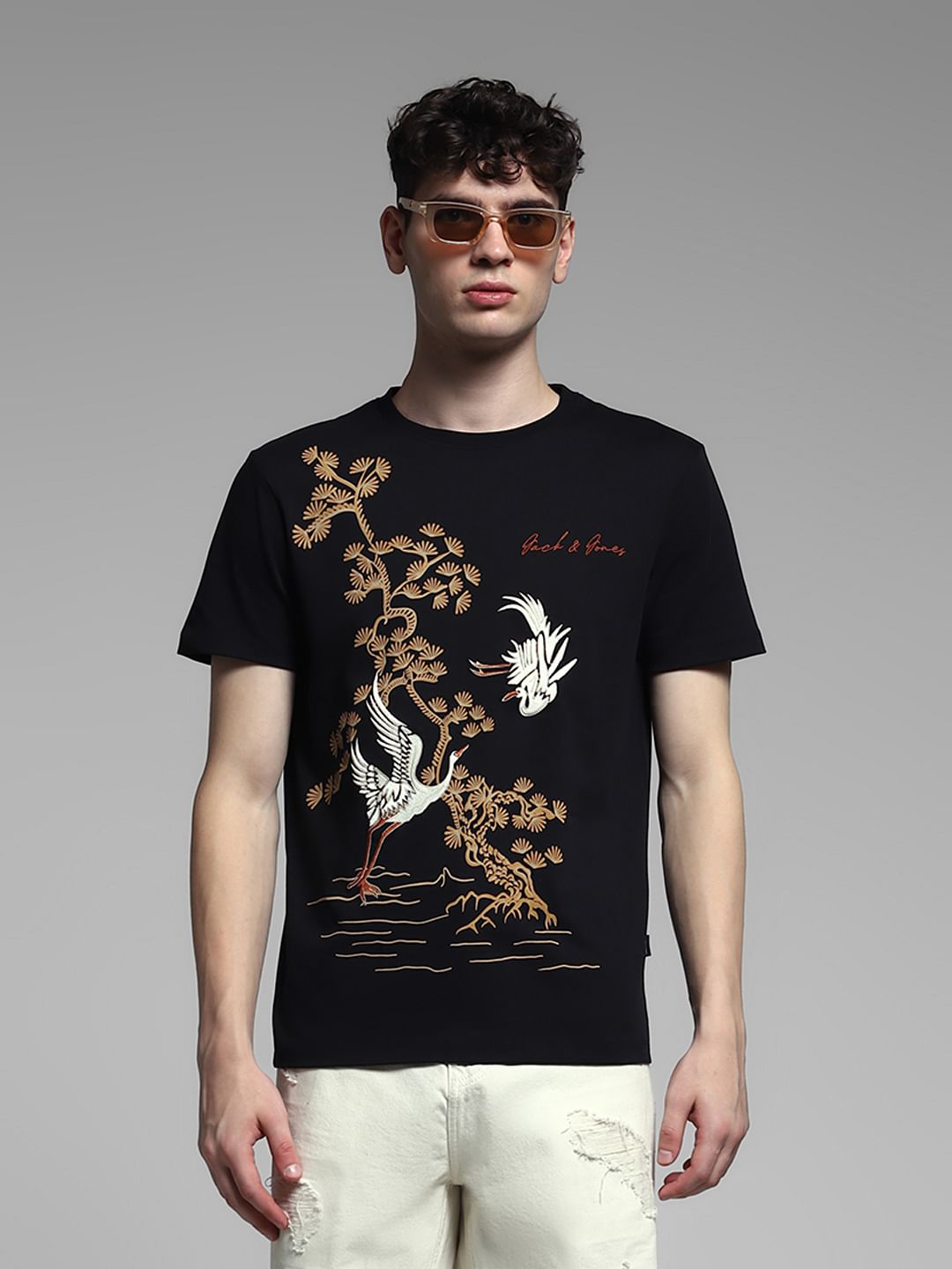 Black Embroidered Graphic T-shirt - S