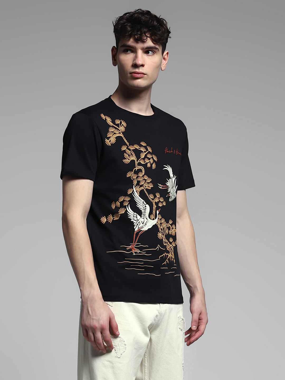 Black Embroidered Graphic T-shirt