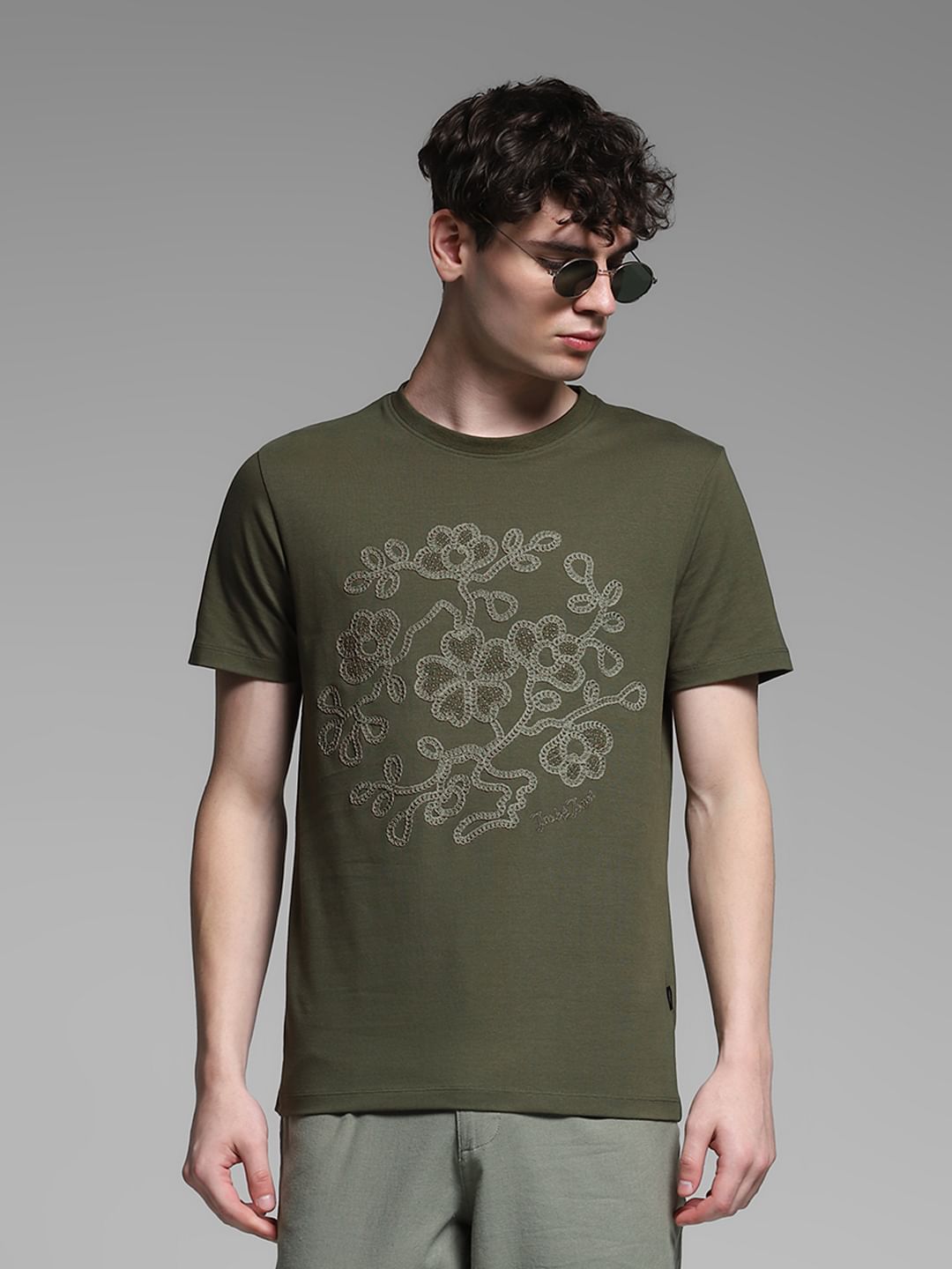 Olive Embroidered Print Cotton T-shirt - S
