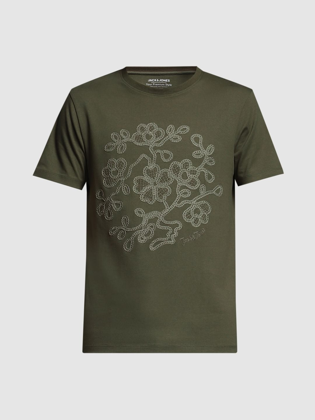 Olive Embroidered Print Cotton T-shirt