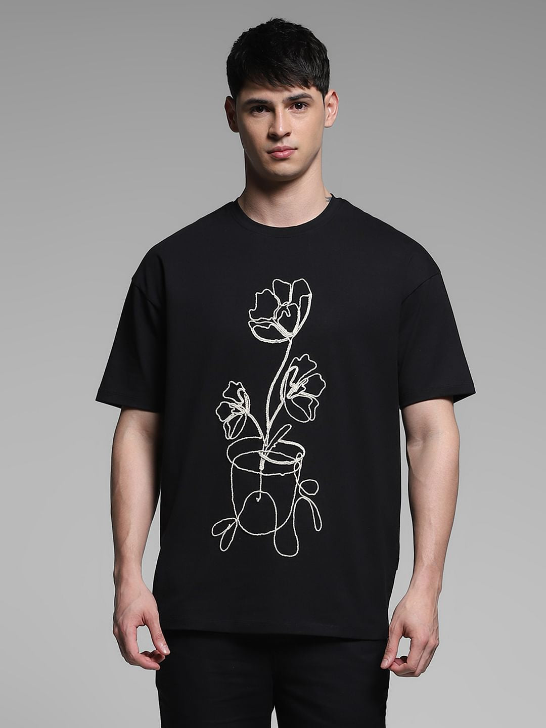 Black Printed Boxy Fit Cotton T-shirt