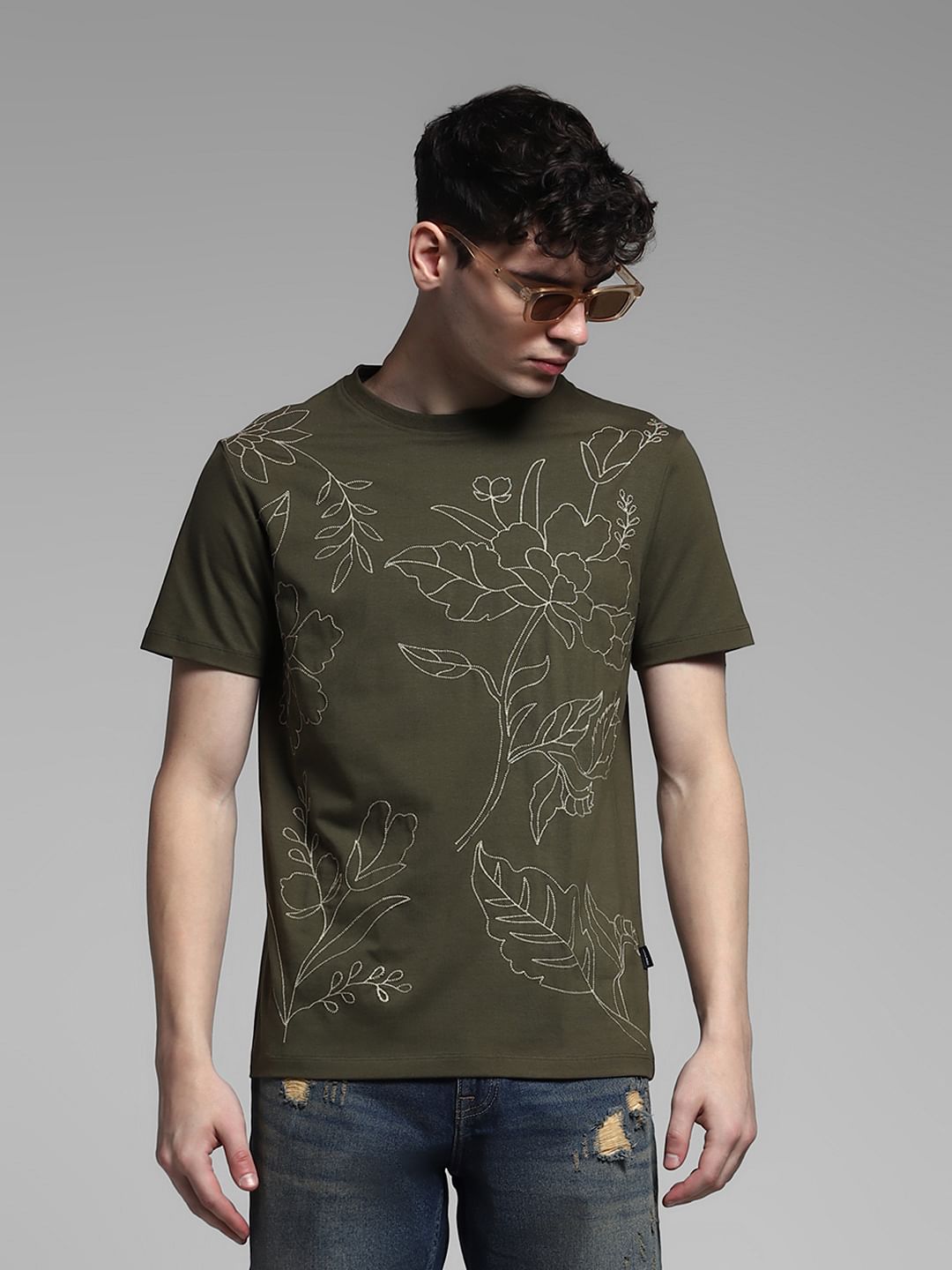 Olive Embroidered Print Cotton T-shirt
