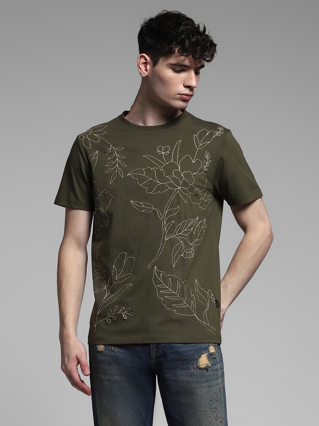 Olive Embroidered Print Cotton T-shirt