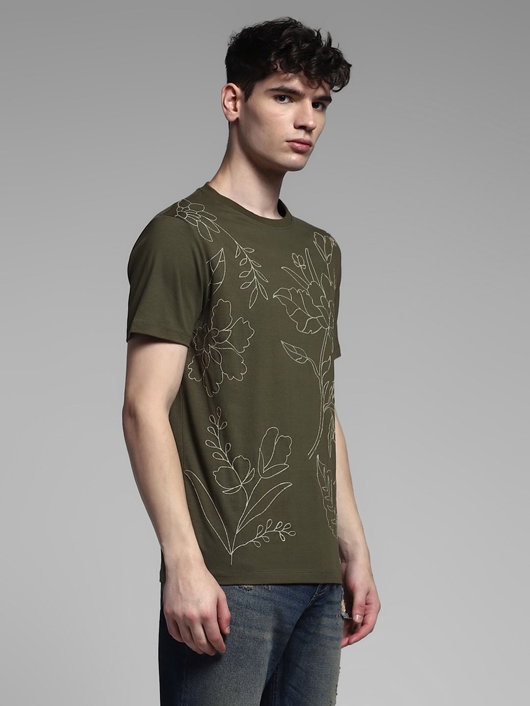 Olive Embroidered Print Cotton T-shirt