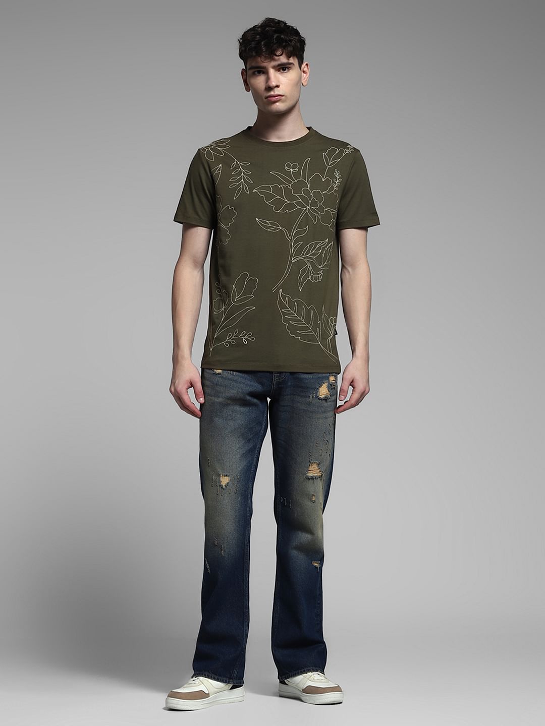 Olive Embroidered Print Cotton T-shirt