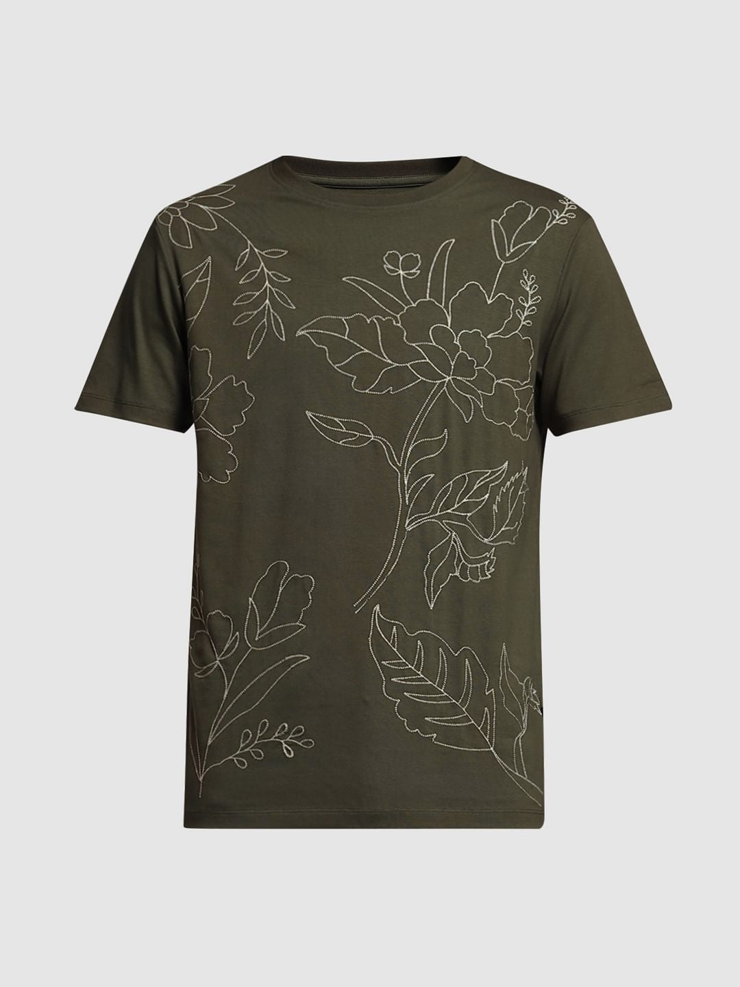 Olive Embroidered Print Cotton T-shirt