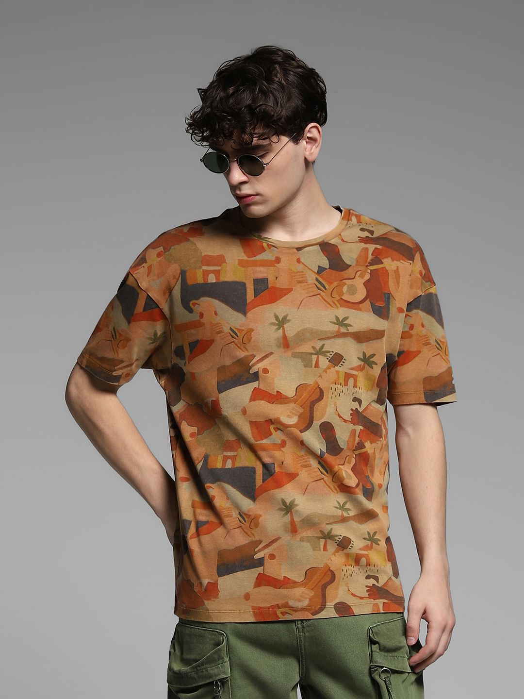 Brown Printed Cotton Oversized T-shirt - M