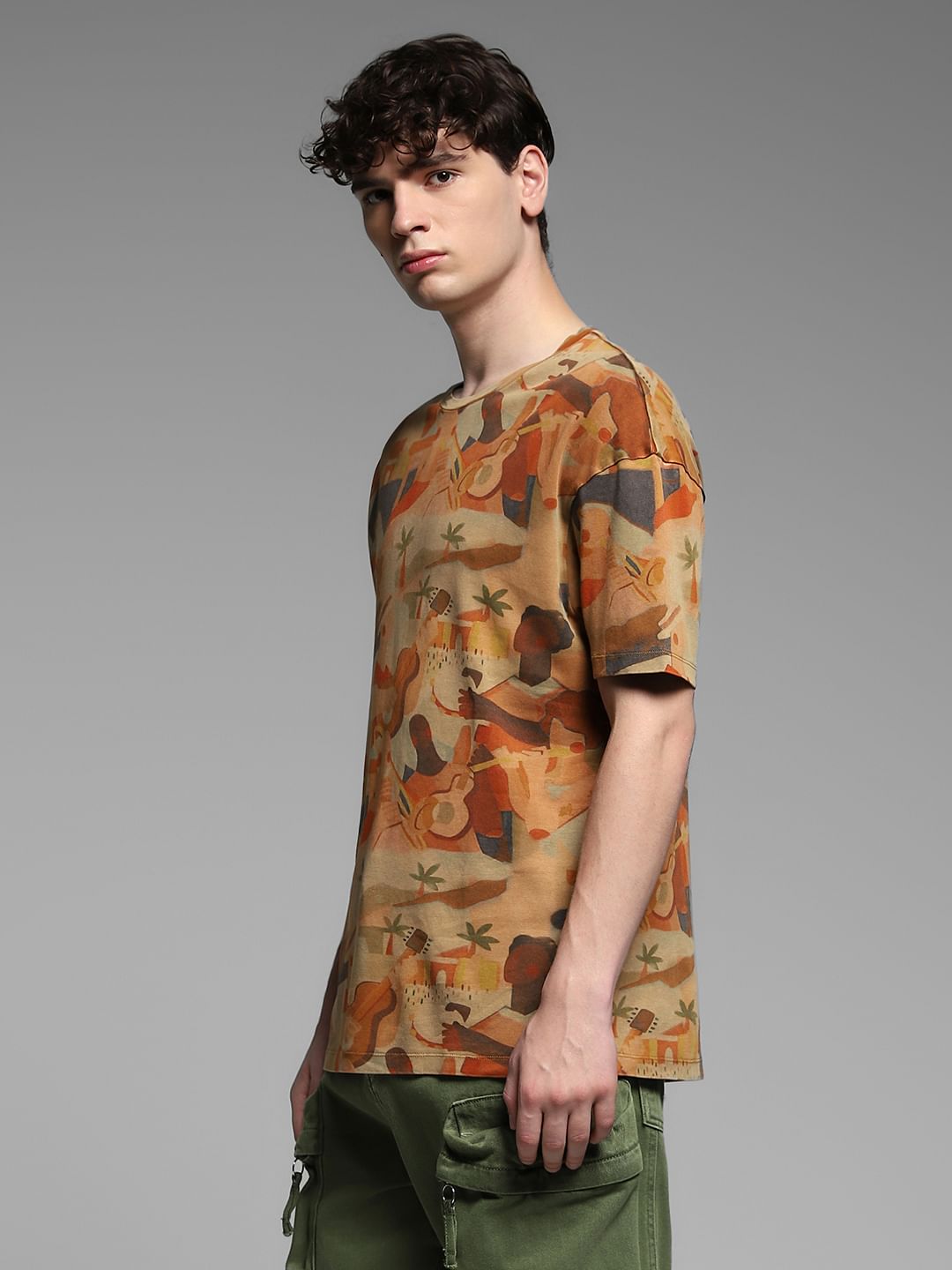 Brown Printed Cotton Oversized T-shirt