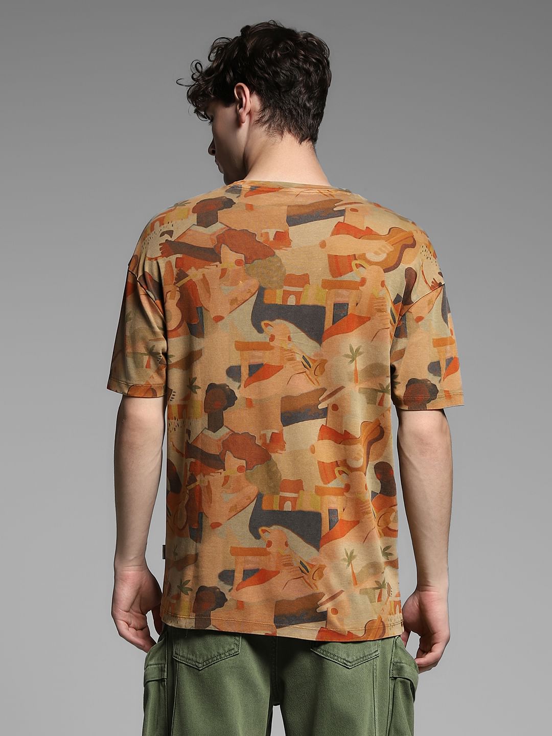 Brown Printed Cotton Oversized T-shirt