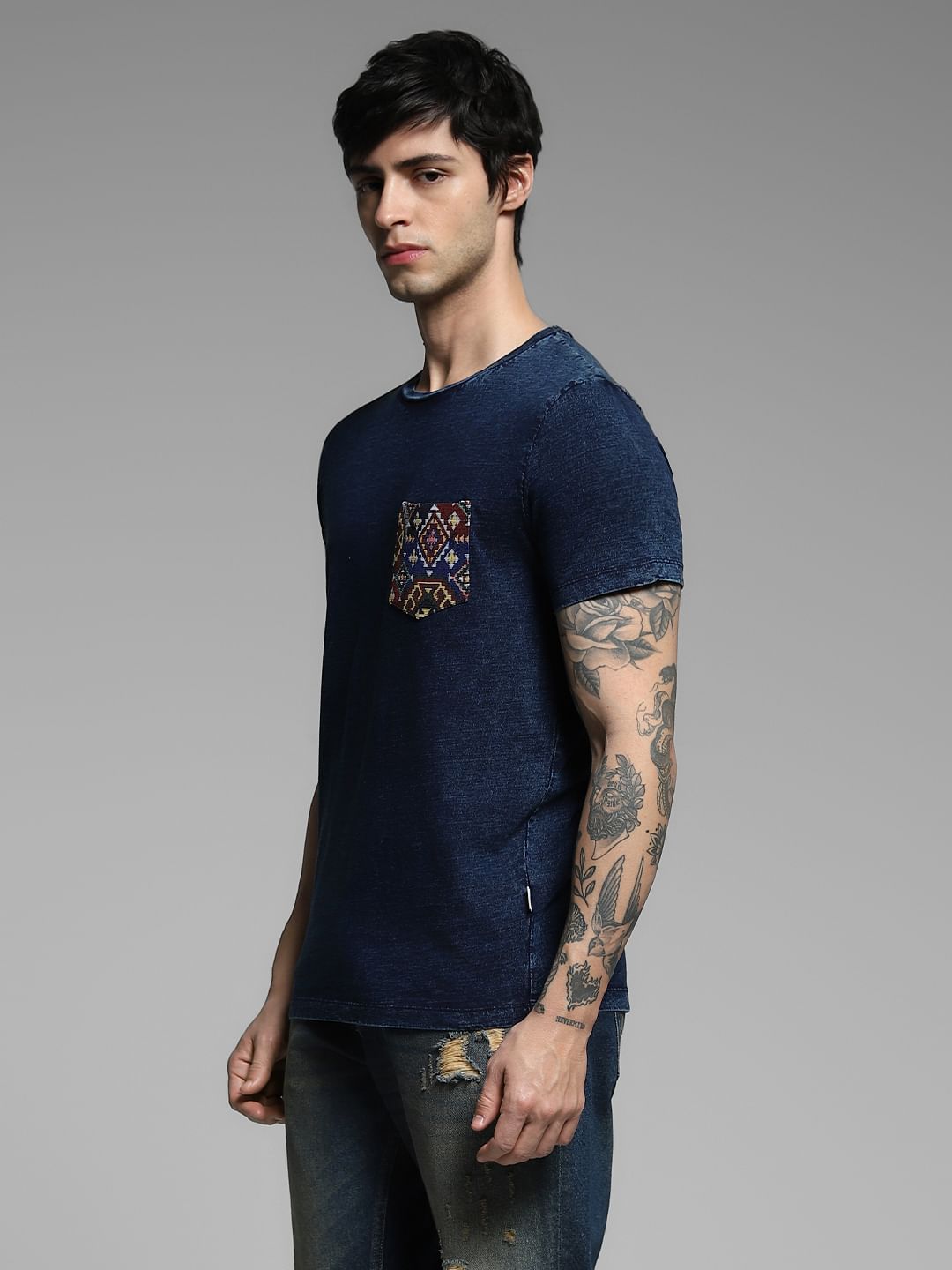 Blue Printed Pocket Cotton T-shirt