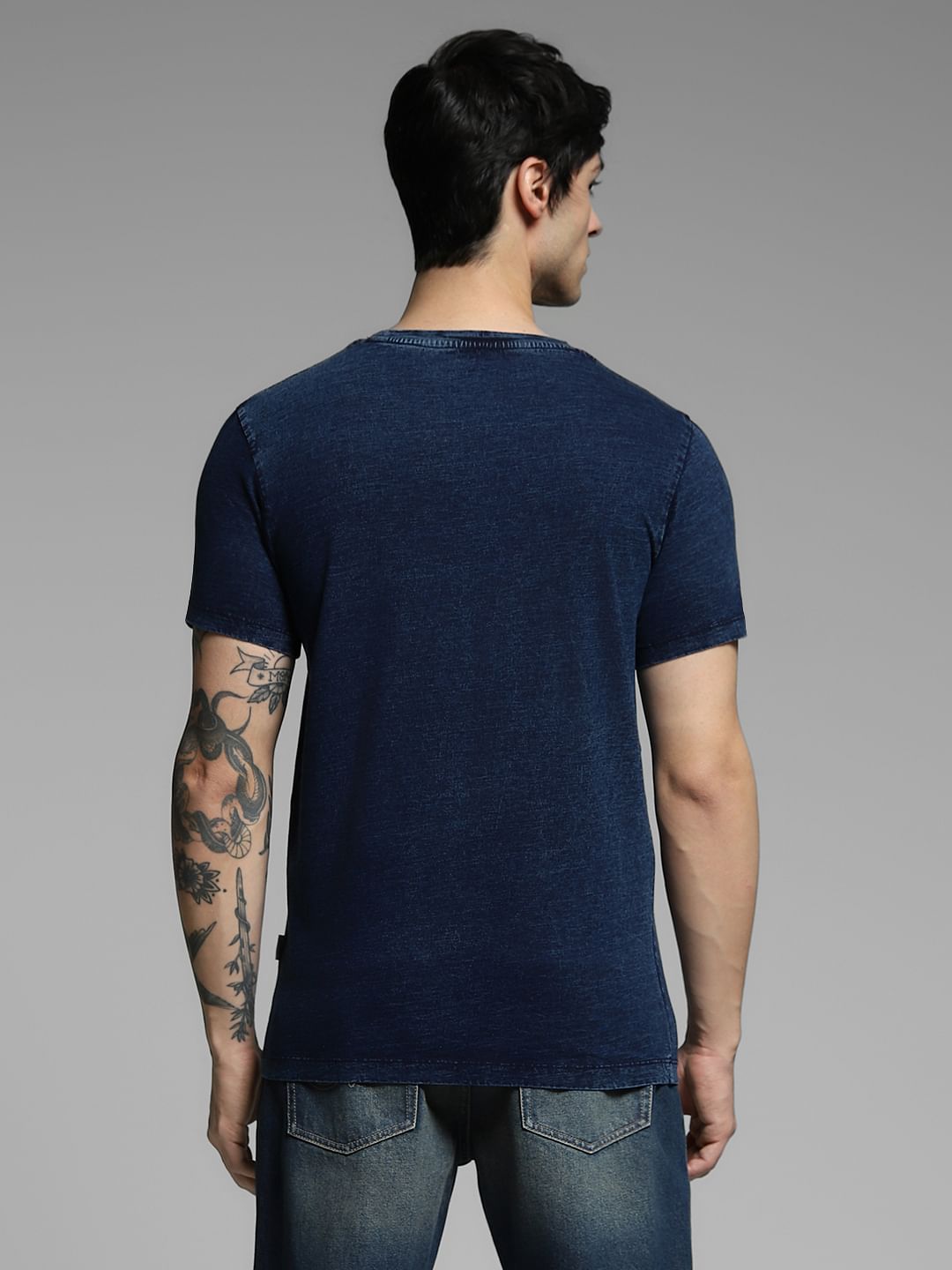 Blue Printed Pocket Cotton T-shirt