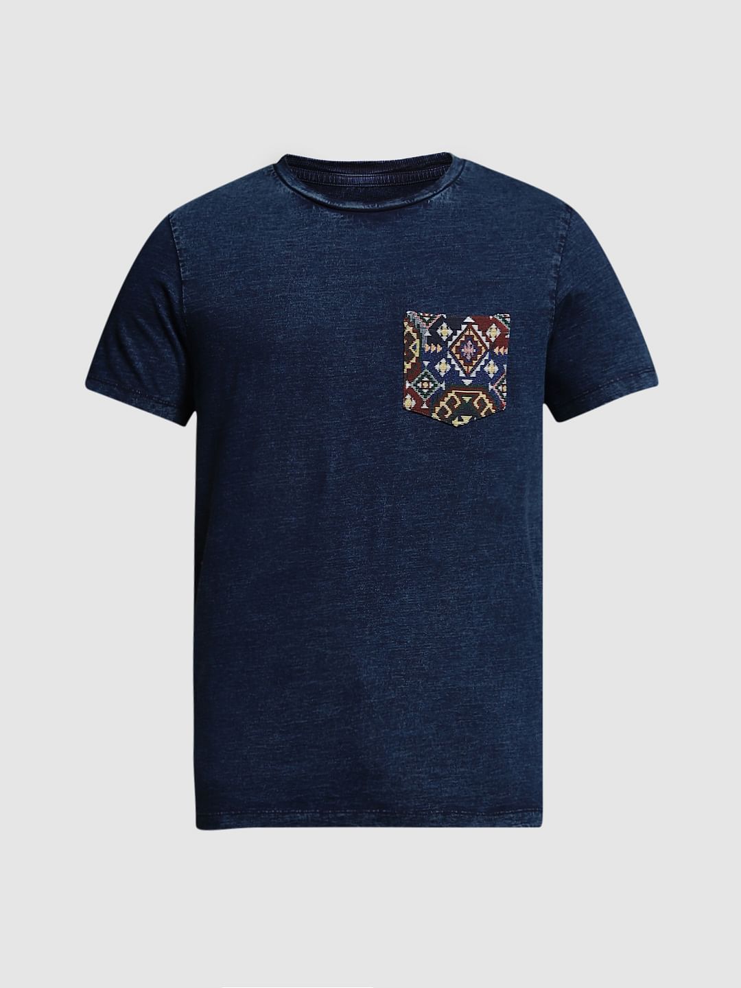 Blue Printed Pocket Cotton T-shirt