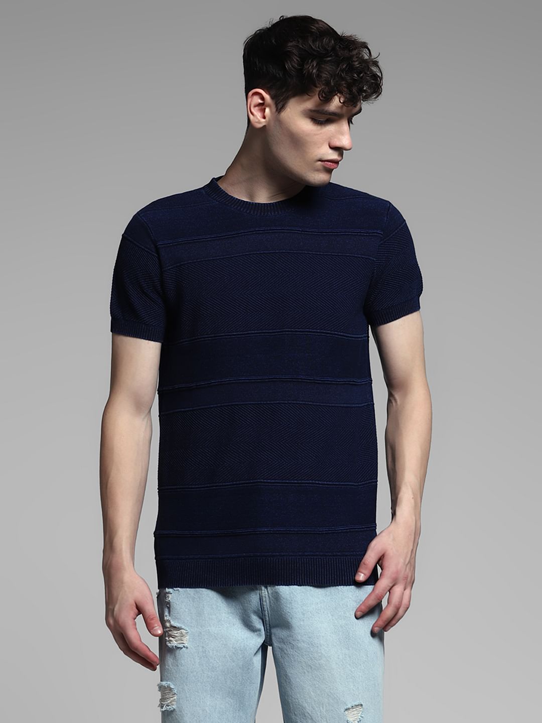 Blue Striped Knitted Crew Neck T-shirt