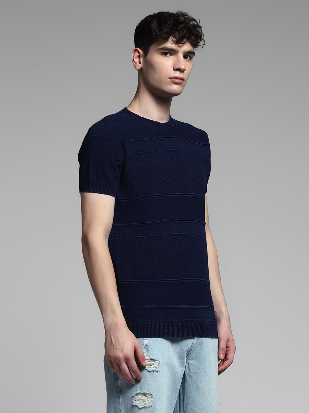 Blue Striped Knitted Crew Neck T-shirt