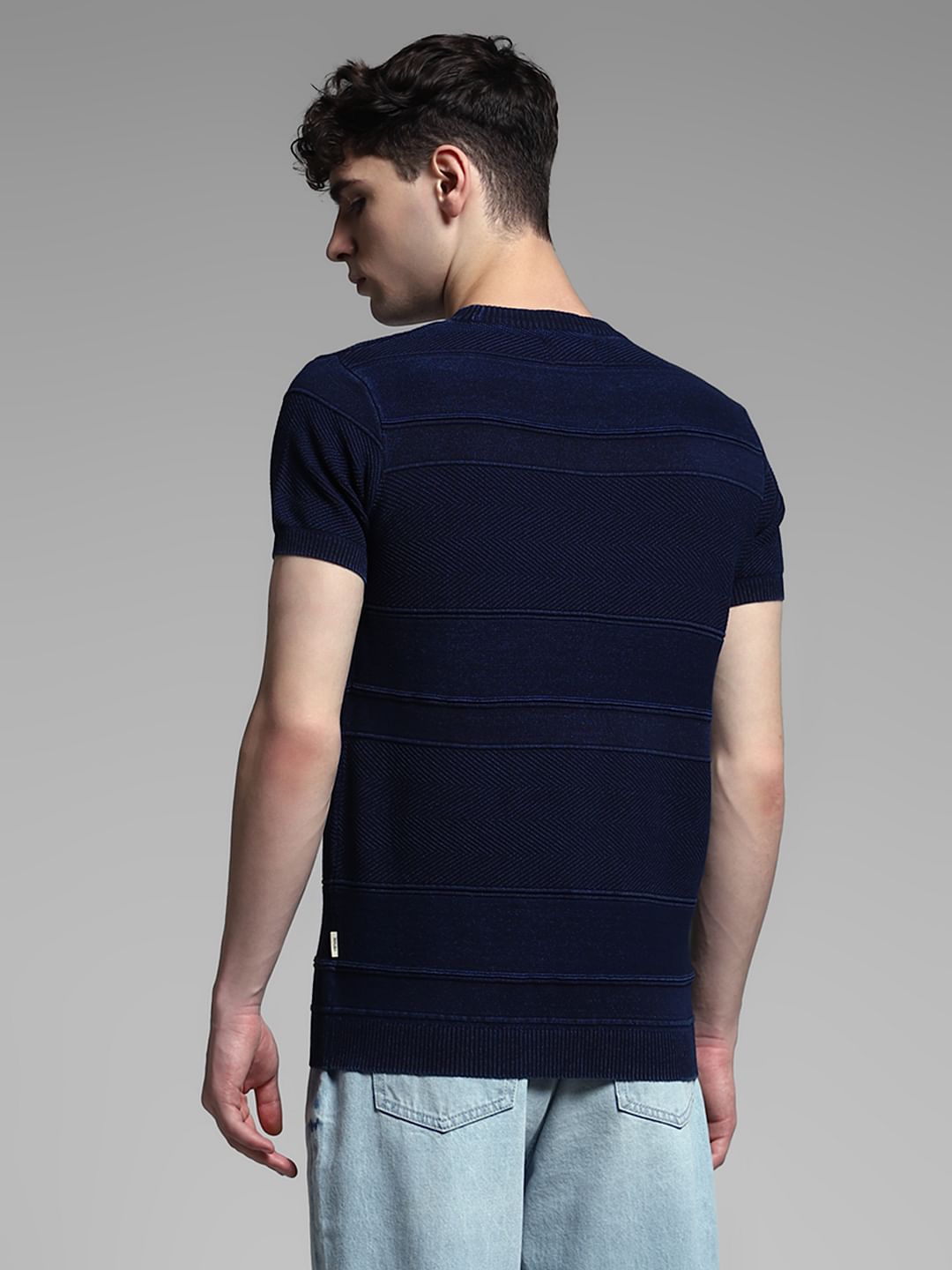 Blue Striped Knitted Crew Neck T-shirt