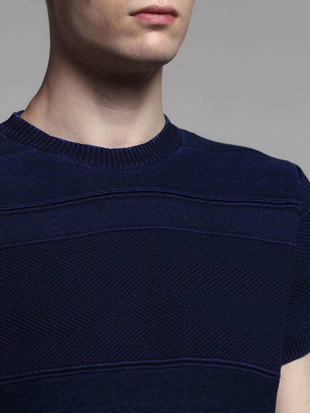 Blue Striped Knitted Crew Neck T-shirt