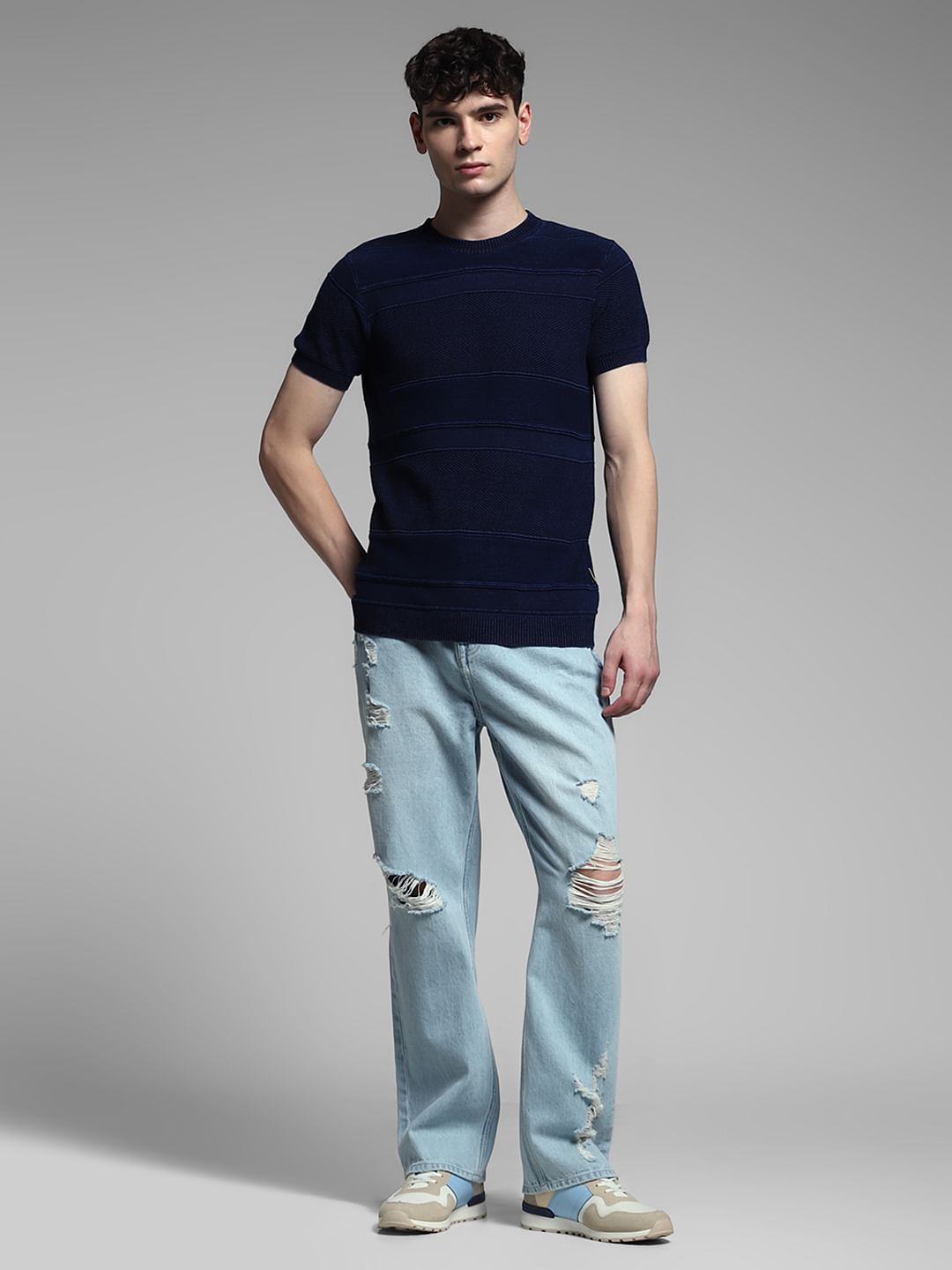 Blue Striped Knitted Crew Neck T-shirt