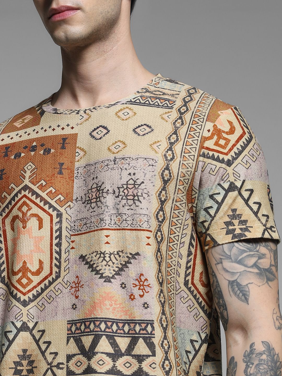 Brown Printed Cotton T-shirt