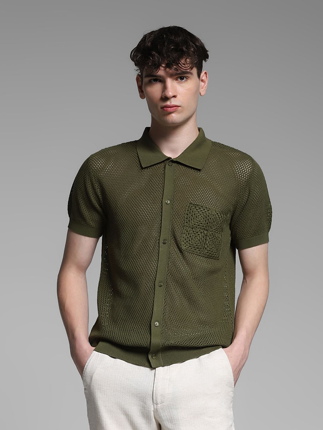 Olive Front Open Pullover - S