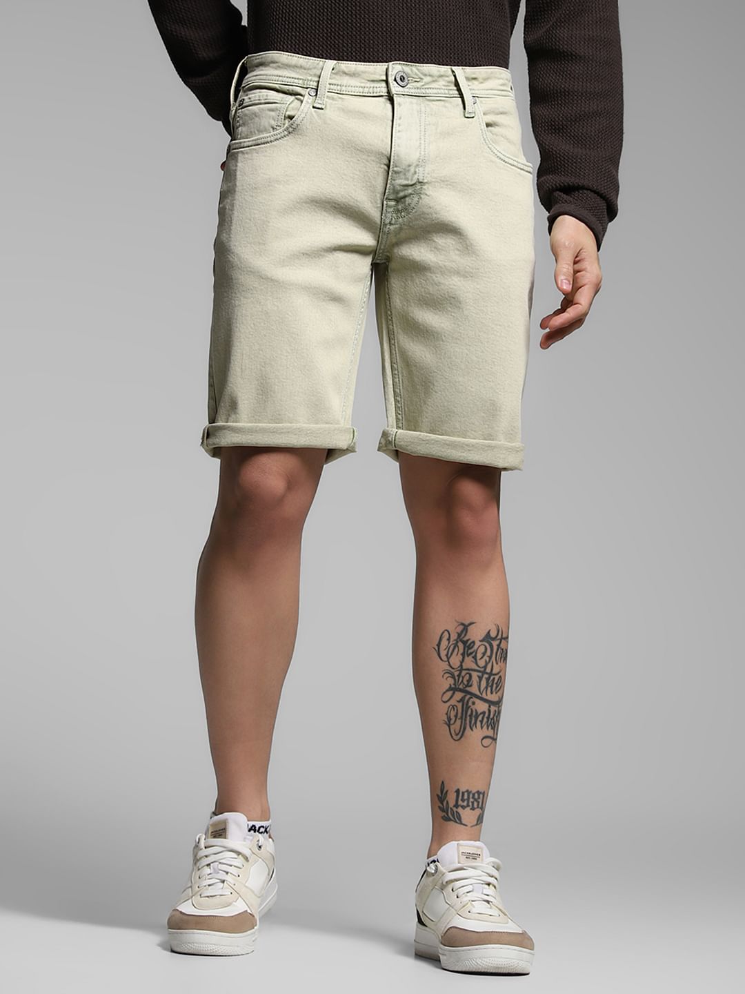 Green Mid Rise Denim Shorts