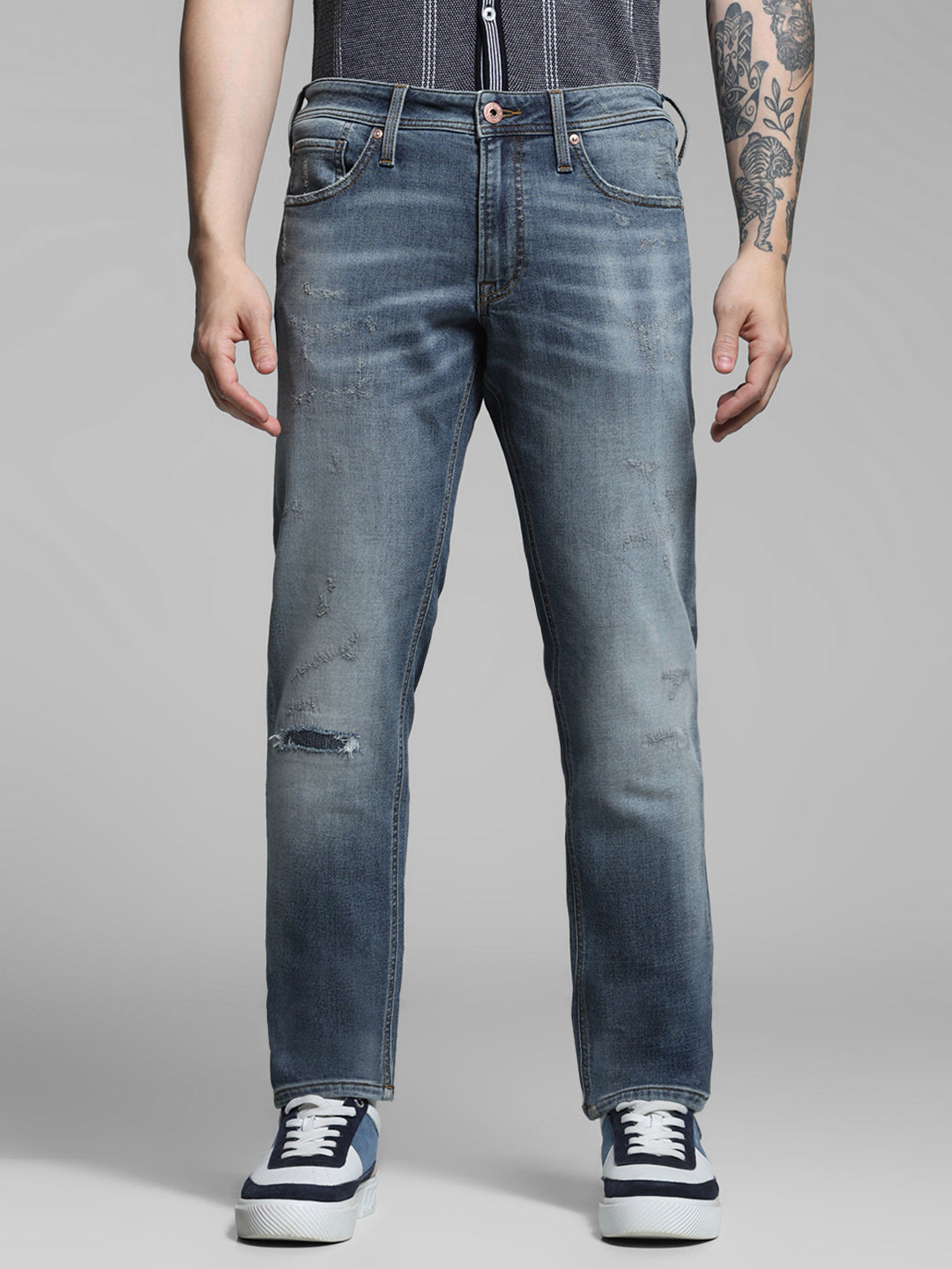 Men's Slim Fit Low Rise Distressed Blue Denim Jeans