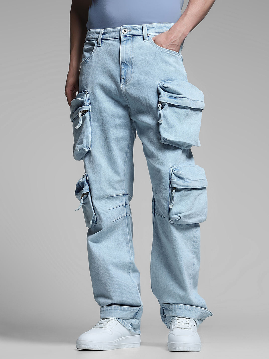 Light Blue Oversized Pockets Loose Fit Jeans
