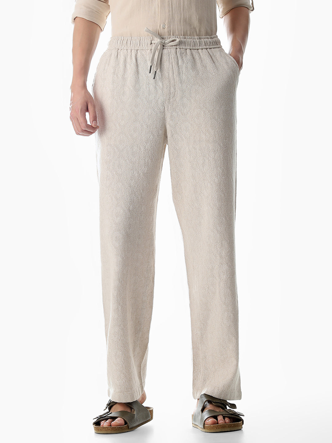 White Cotton Regular Fit Pants - S