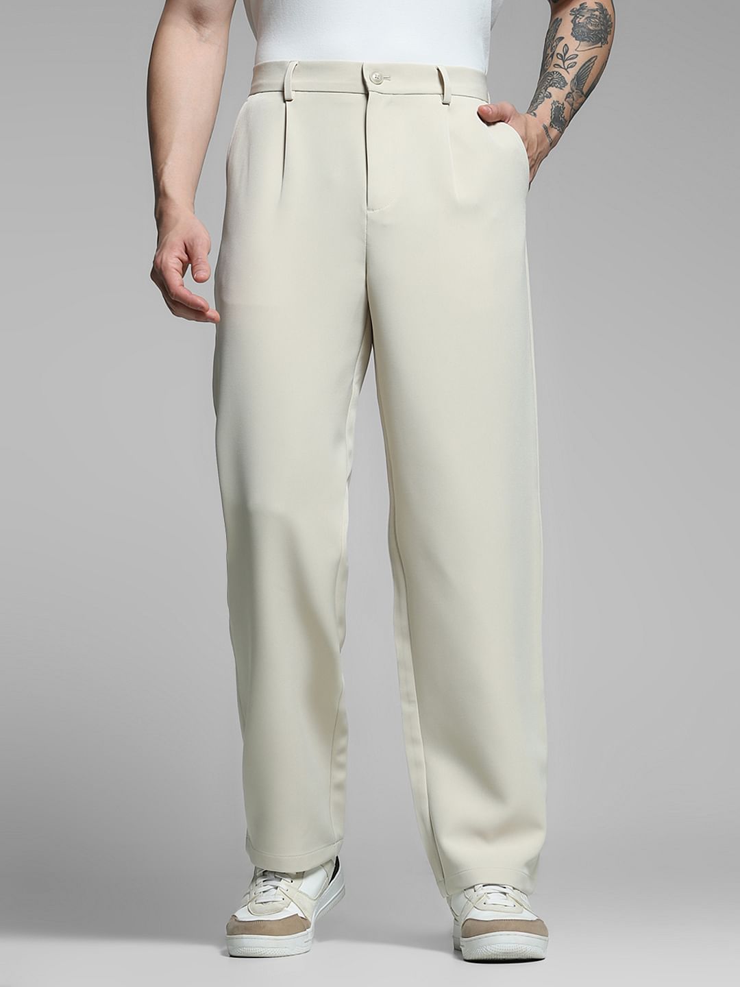 Beige High Rise Loose Fit Pants