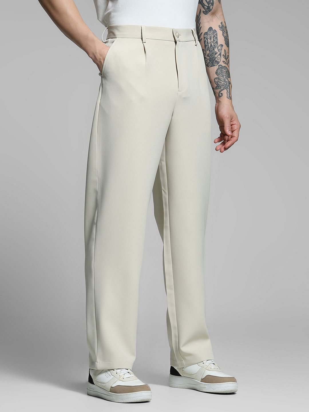 Beige High Rise Loose Fit Pants