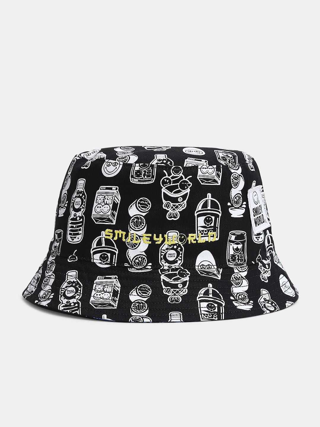 SMILEY Black Printed Reversible Bucket Hat - Free Size