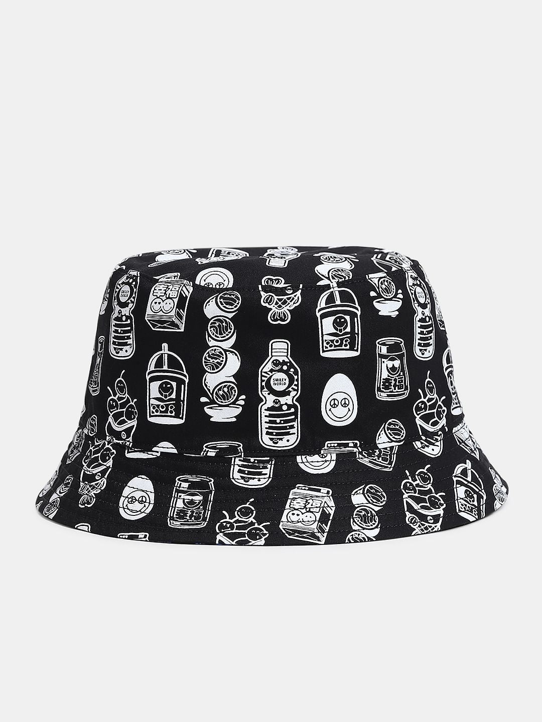 SMILEY Black Printed Reversible Bucket Hat