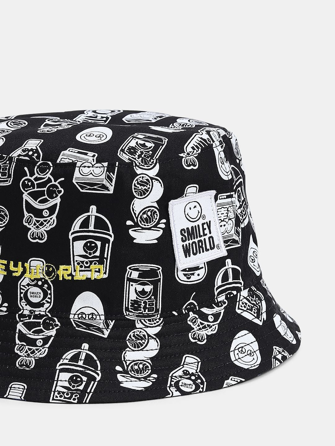 SMILEY Black Printed Reversible Bucket Hat