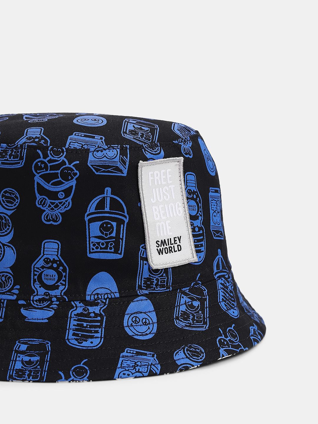 SMILEY Black Printed Reversible Bucket Hat