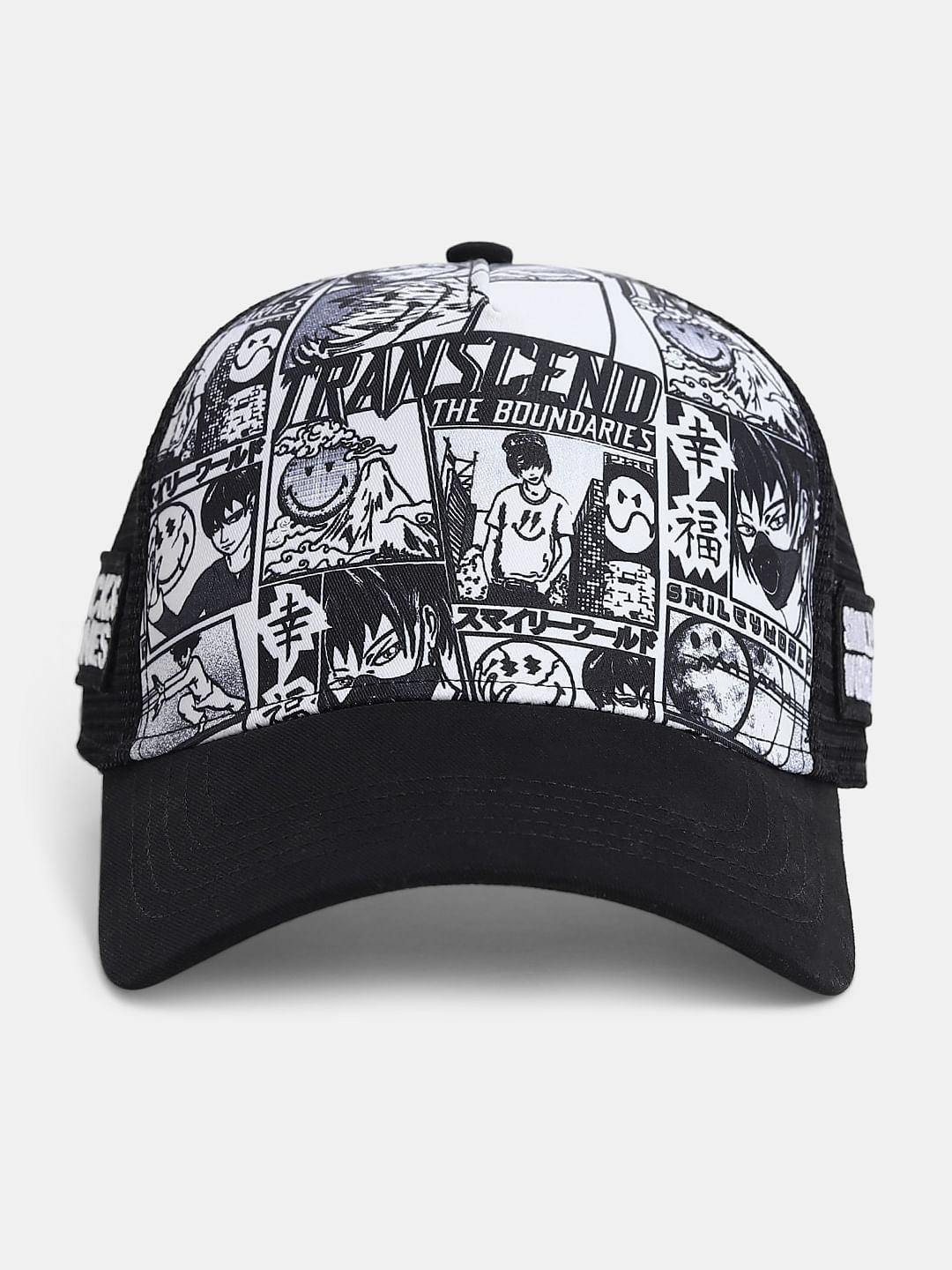SMILEY Black Comic Strip Print Trucker Cap - Free Size