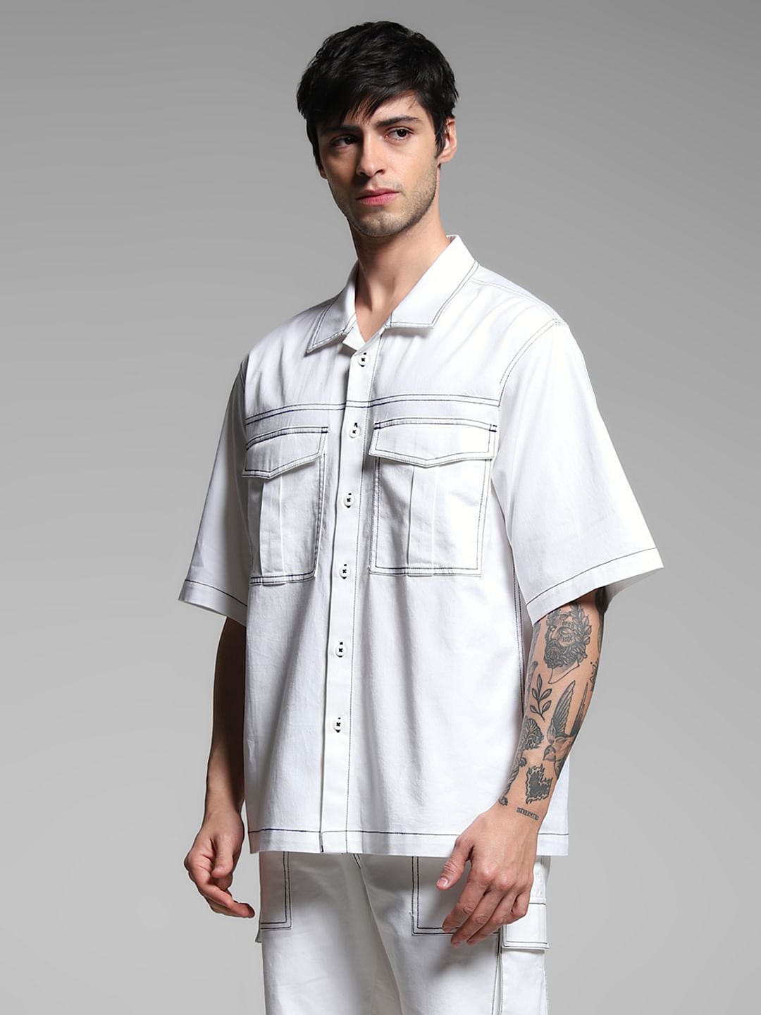 White Contrast Stitch Co-ord Set Overshirt