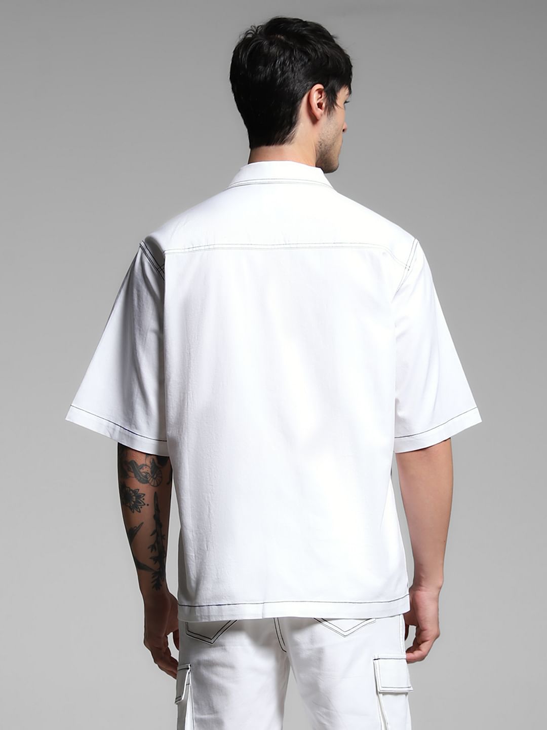 White Contrast Stitch Co-ord Set Overshirt