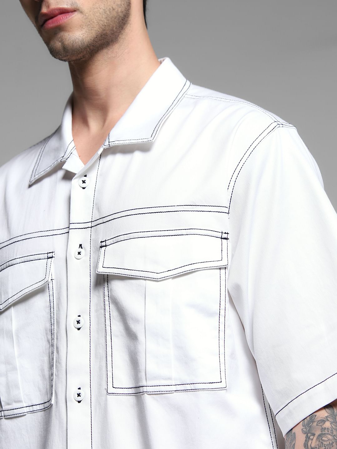 White Contrast Stitch Co-ord Set Overshirt