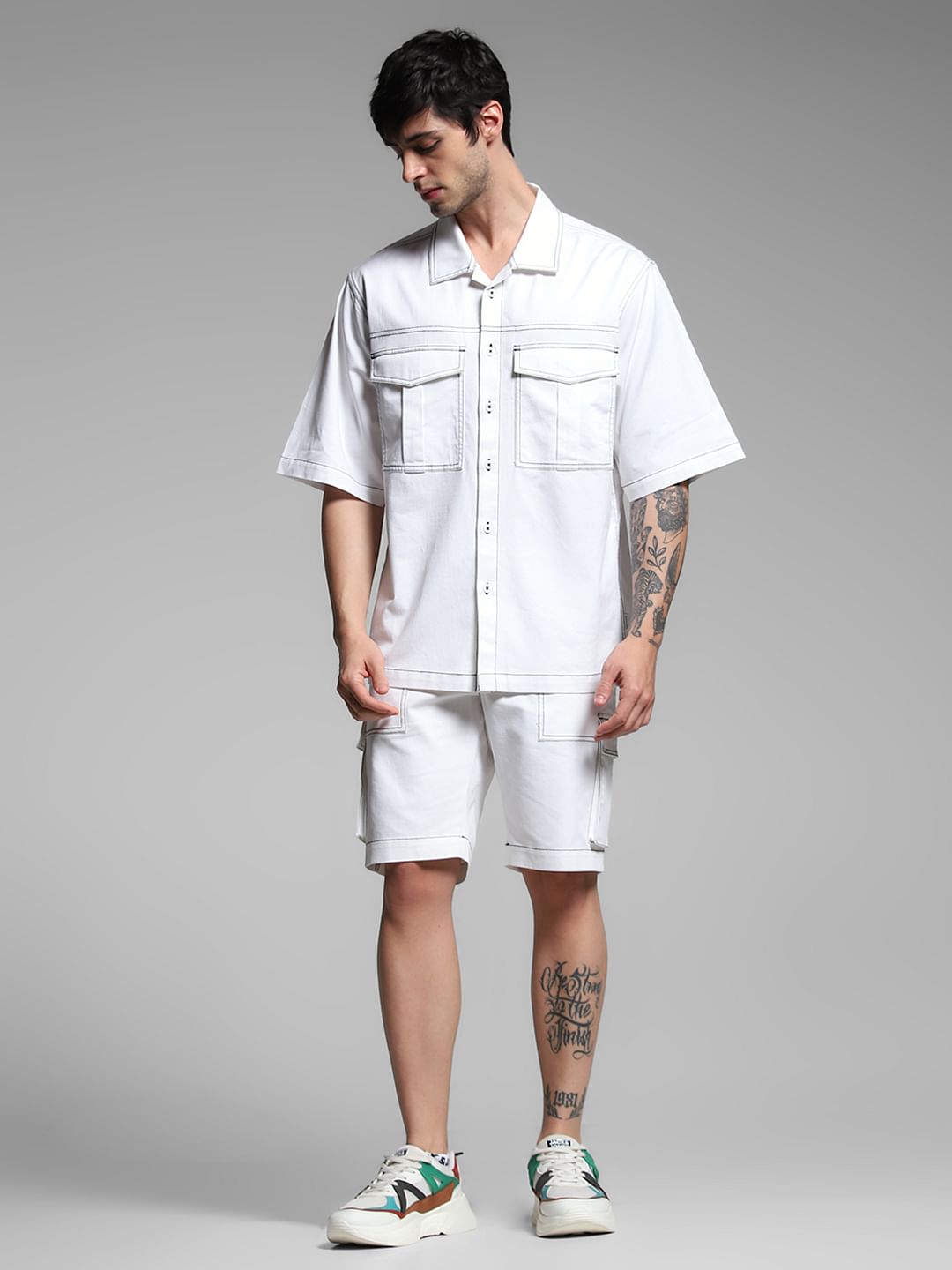 White Contrast Stitch Co-ord Set Overshirt