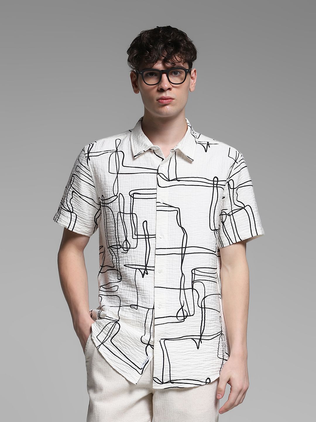White Abstract Print Cotton Shirt - S