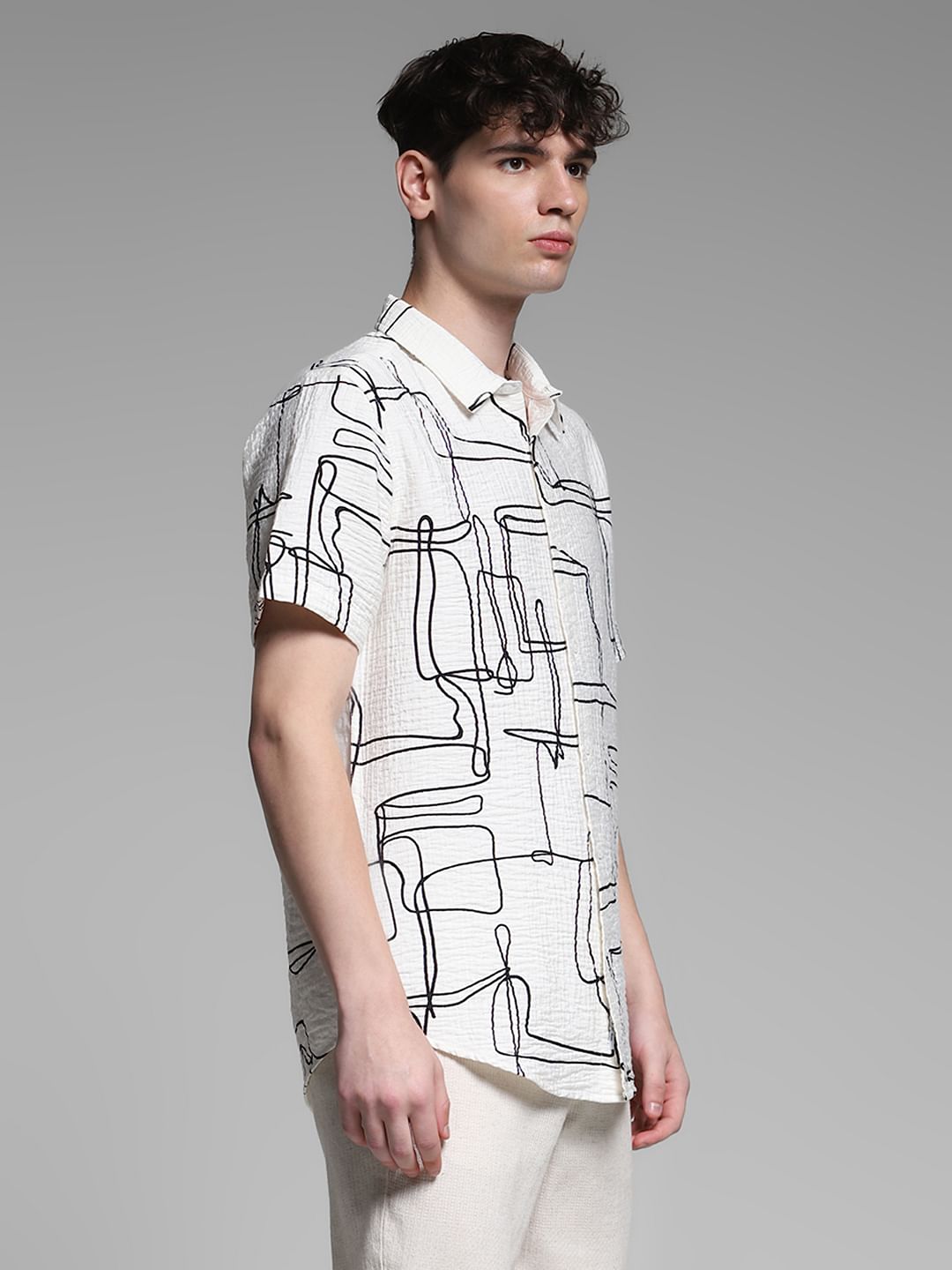 White Abstract Print Cotton Shirt