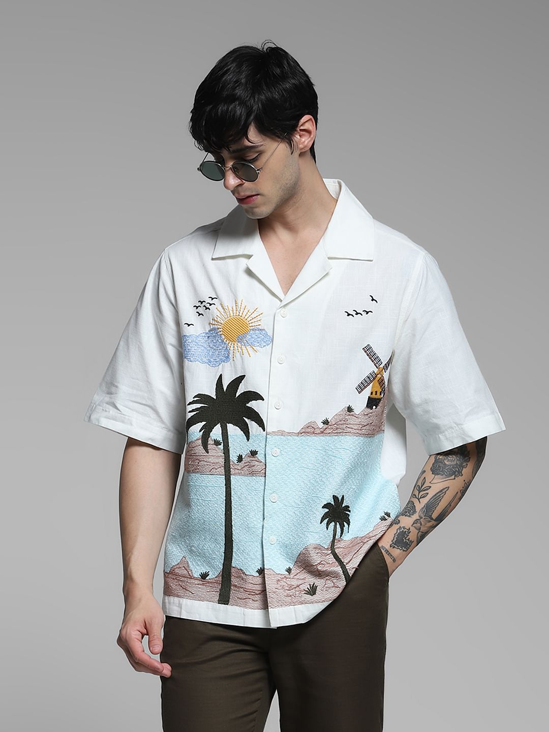 White Landscape Print Oversized Shirt - XL